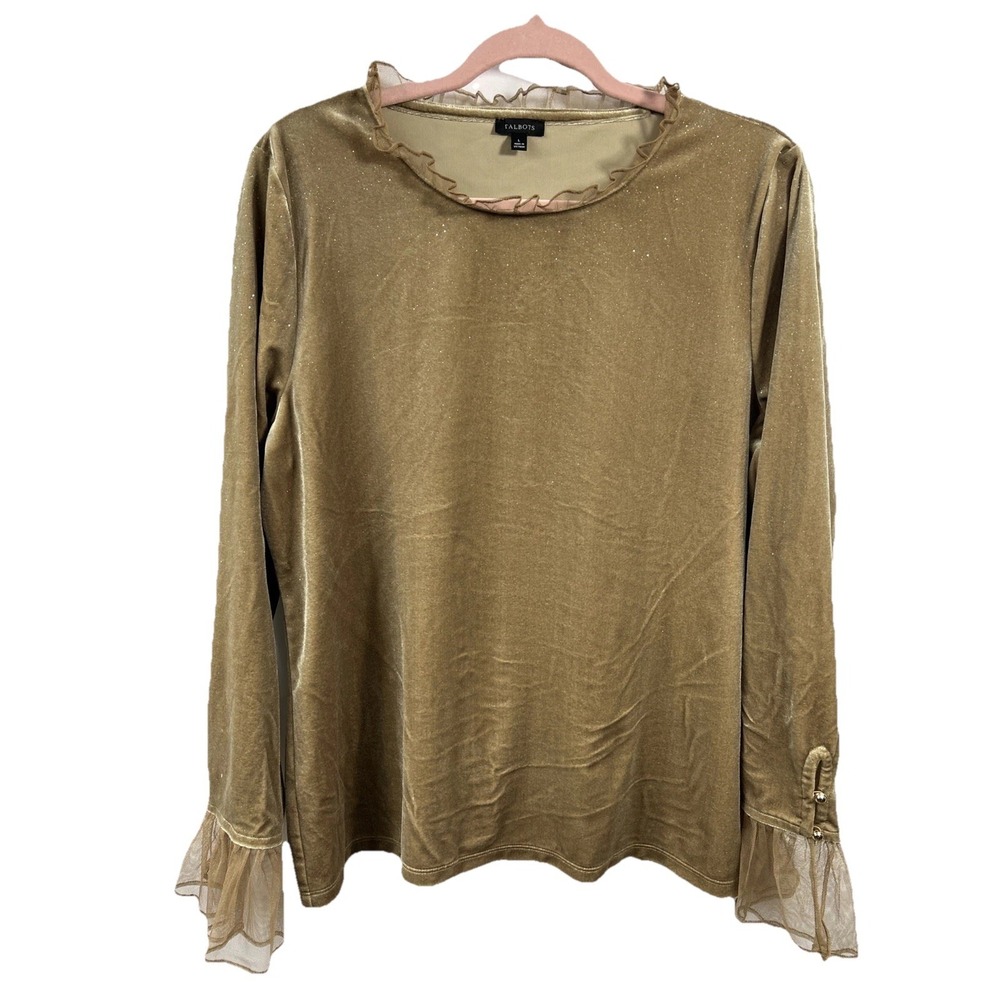 Talbots Velvet Shimmer Top Gold Mesh Ruffle Cuff Blouse L Retro Glam Whimsigoth